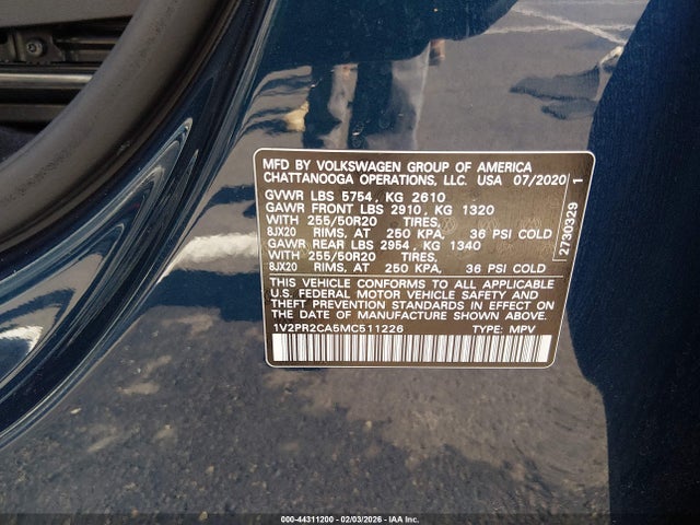 Aukcja sprzedaży 2021 Volkswagen Atlas 3.6l V6 Se W/technology R-line, vin: 1V2PR2CA5MC511226, numer aukcji: 44311200