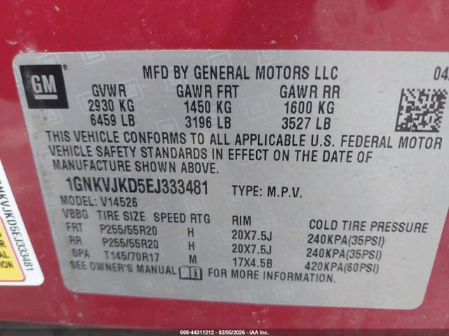 1GNKVJKD5EJ333481 Chevrolet Traverse Ltz
