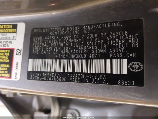 2019 Toyota Camry Se მანქანა იყიდება აუქციონზე, vin: 4T1B11HK3KU814071, აუქციონის ნომერი: 44311217
