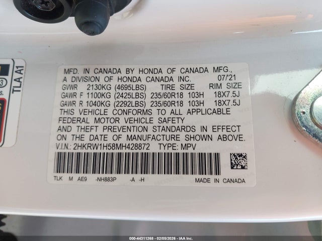 2HKRW1H58MH428872 Honda Cr-v 2wd Ex