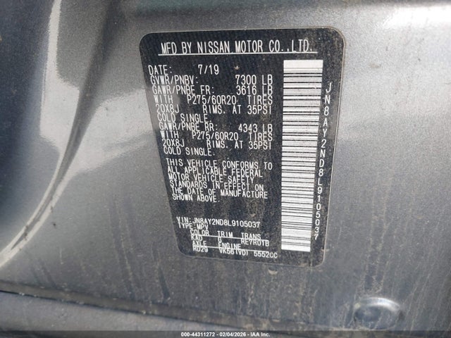 Aukcja sprzedaży 2020 Nissan Armada Sl 2wd, vin: JN8AY2ND8L9105037, numer aukcji: 44311272