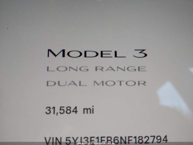 5YJ3E1EB6NF182794 Tesla Model 3 Long Range Dual Motor All-wheel Drive