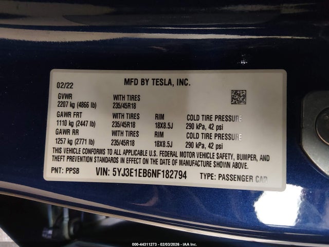 2022 TESLA MODEL 3 5YJ3E1EB6NF182794 Photo 8