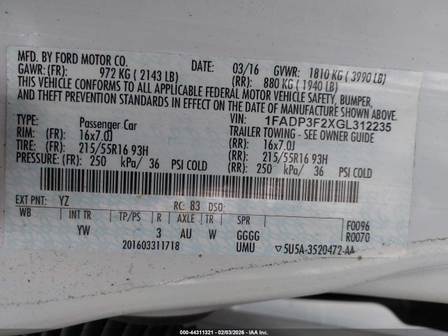 44311321 :رقم المزاد ، 1FADP3F2XGL312235 vin ، 2016 Ford Focus Se مزاد بيع