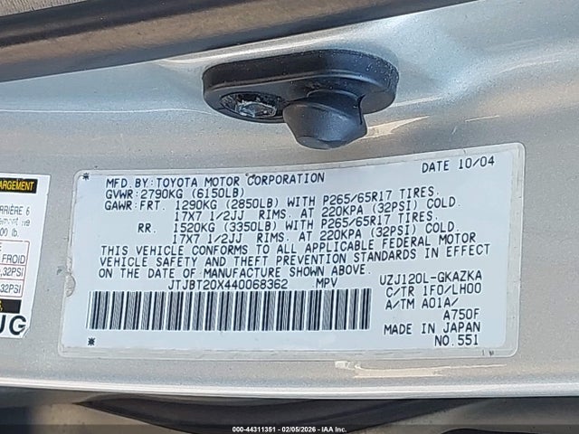 Aukcja sprzedaży 2004 Lexus Gx 470, vin: JTJBT20X440068362, numer aukcji: 44311351