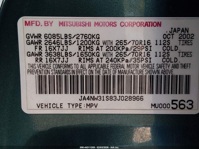 2003 MITSUBISHI MONTERO JA4NW31S83J028966 Photo 8