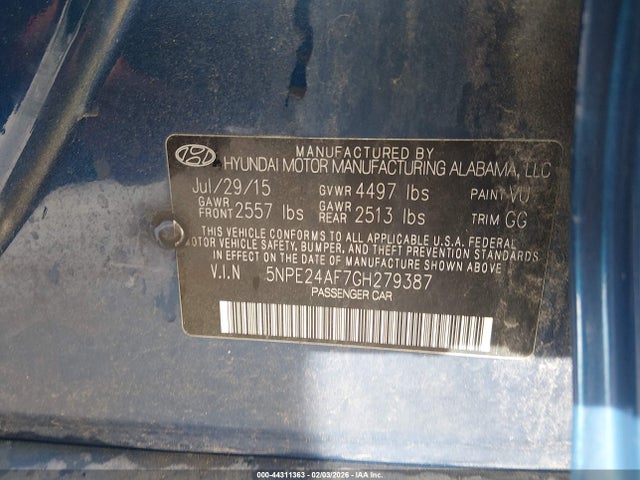 5NPE24AF7GH279387 Hyundai SONATA SE