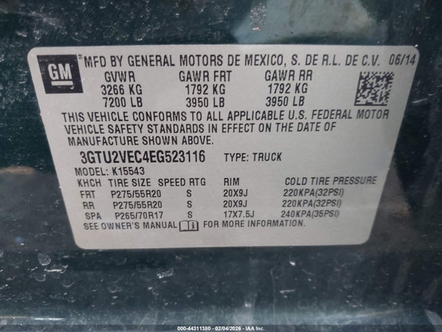 Продаж на аукціоні авто 2014 Gmc Sierra 1500 Slt, vin: 3GTU2VEC4EG523116, номер лоту: 44311380