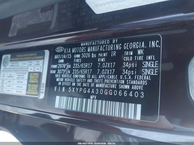 5XYPG4A30GG066403 KIA Sorento 2.4l Lx