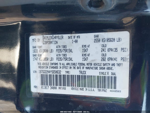 Aukcja sprzedaży 2000 Dodge Dakota Slt/sport, vin: 1B7GG22NXYS650632, numer aukcji: 44311442