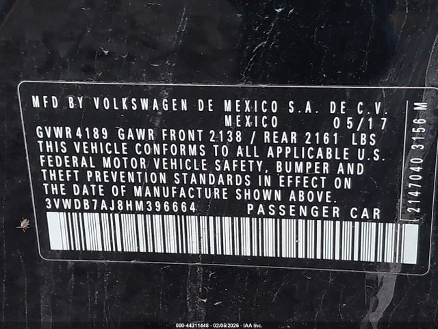 44311448 :رقم المزاد ، 3VWDB7AJ8HM396664 vin ، 2017 Volkswagen Jetta 1.4t Se مزاد بيع
