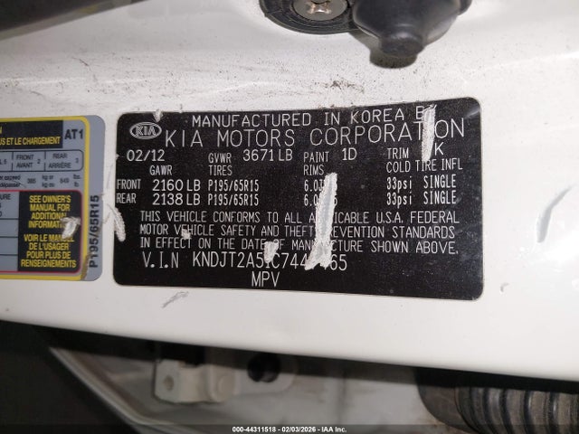 44311518 :رقم المزاد ، KNDJT2A51C7447465 vin ، 2012 Kia Soul مزاد بيع