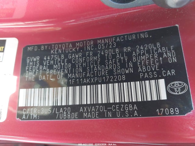 4T1F11AKXPU172208 Toyota CAMRY XLE