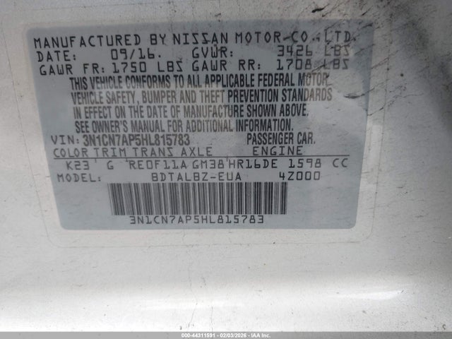 3N1CN7AP5HL815783 Nissan Versa 1.6 S/1.6 S+/1.6 Sl/1.6 Sv