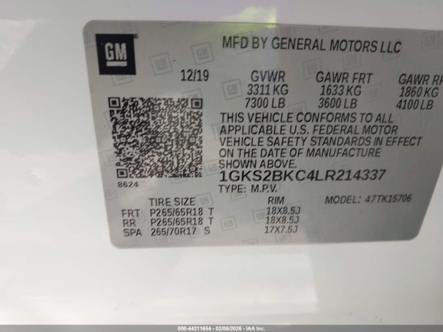 Aukcja sprzedaży 2020 Gmc Yukon 4wd Slt, vin: 1GKS2BKC4LR214337, numer aukcji: 44311654