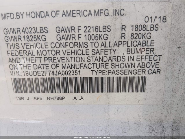44311655 :رقم المزاد ، 19UDE2F74JA002351 vin ، 2018 Acura Ilx Premium Package/technology Plus Package مزاد بيع