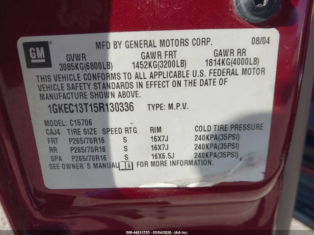 2005 Gmc Yukon Slt მანქანა იყიდება აუქციონზე, vin: 1GKEC13T15R130336, აუქციონის ნომერი: 44311723