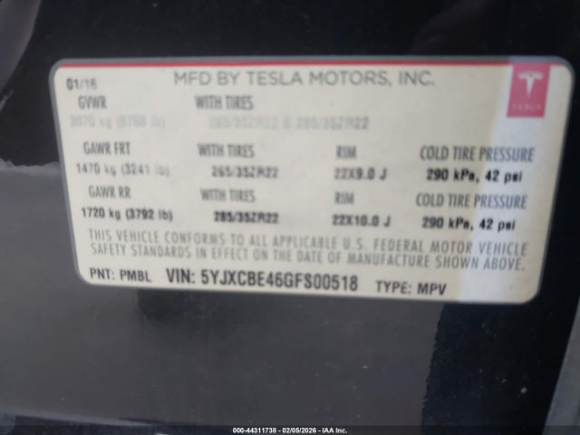 44311738 :رقم المزاد ، 5YJXCBE46GFS00518 vin ، 2016 Tesla Model X مزاد بيع