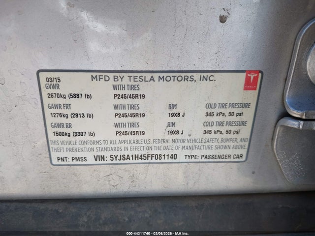 Aukcja sprzedaży 2015 Tesla Model S 85d/p85d, vin: 5YJSA1H45FF081140, numer aukcji: 44311740