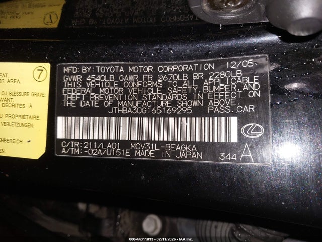 Aukcja sprzedaży 2006 Lexus Es 330, vin: JTHBA30G165169295, numer aukcji: 44311833