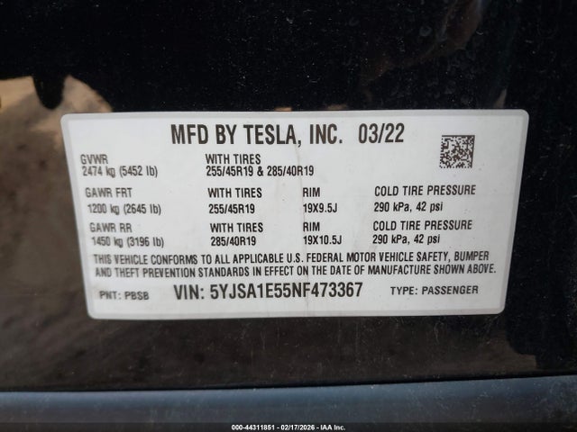 Продажа на аукционе авто 2022 Tesla Model S Dual Motor All-wheel Drive, vin: 5YJSA1E55NF473367, номер лота: 44311851