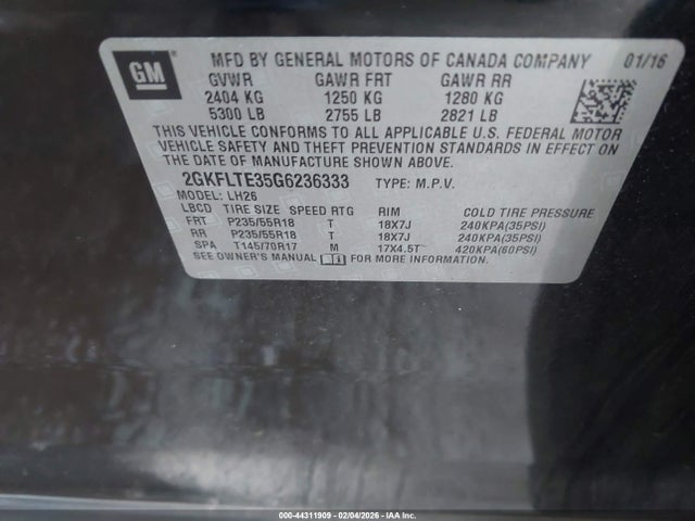 Aukcja sprzedaży 2016 Gmc Terrain Sle-2, vin: 2GKFLTE35G6236333, numer aukcji: 44311909