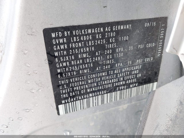 WVGAV7AX4GW534986 Volkswagen Tiguan R-line/s/se/sel