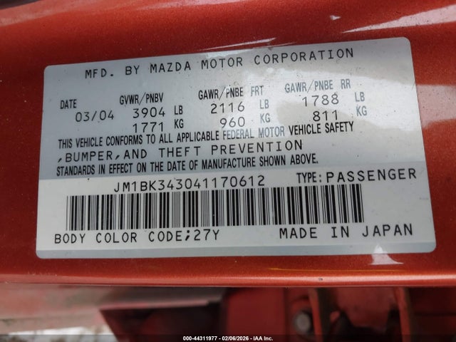 Продажа на аукционе авто 2004 Mazda Mazda3 S, vin: JM1BK343041170612, номер лота: 44311977