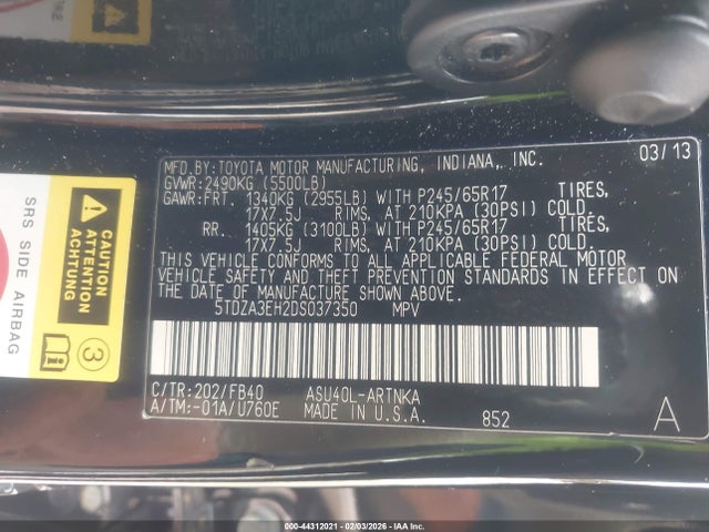 Продажа на аукционе авто 2013 Toyota Highlander, vin: 5TDZA3EH2DS037350, номер лота: 44312021