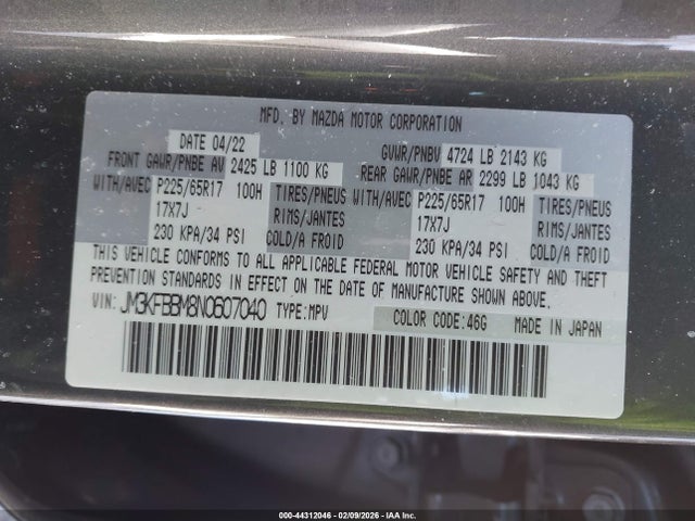44312046 :رقم المزاد ، JM3KFBBM8N0607040 vin ، 2022 Mazda Cx-5 2.5 S Select مزاد بيع