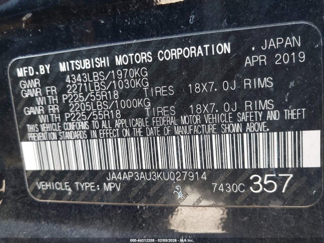 JA4AP3AU3KU027914 Mitsubishi Outlander Sport 2.0 Es