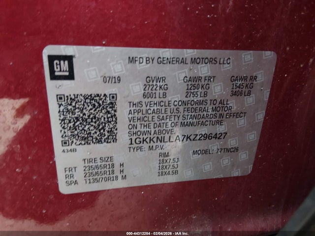 44312284 :رقم المزاد ، 1GKKNLLA7KZ296427 vin ، 2019 Gmc Acadia Sle-2 مزاد بيع