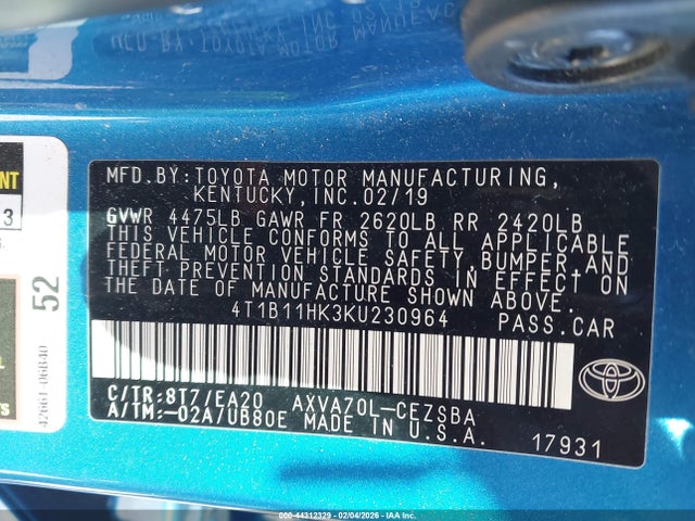 4T1B11HK3KU230964 Toyota CAMRY SE