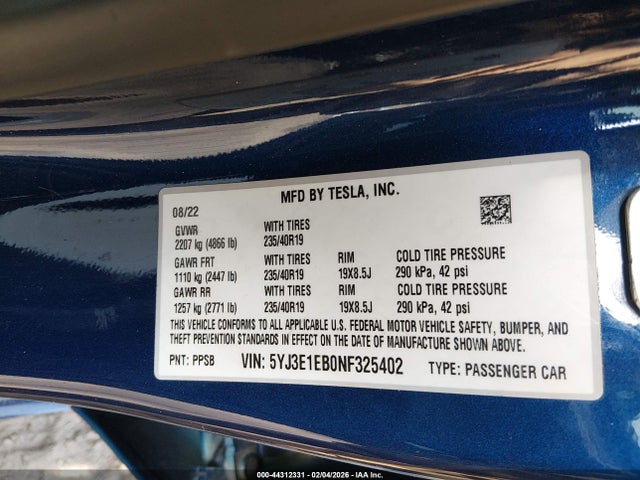 Tesla Model 3 Long Range Dual Motor All-wheel Drive 2022 5YJ3E1EB0NF325402 Image 9