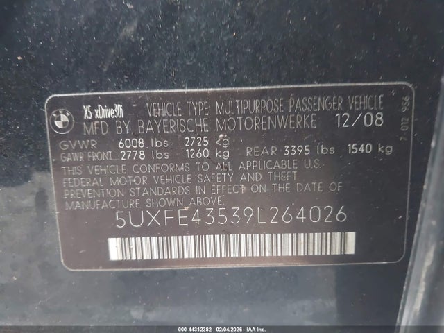 2009 Bmw X5 Xdrive30i მანქანა იყიდება აუქციონზე, vin: 5UXFE43539L264026, აუქციონის ნომერი: 44312382