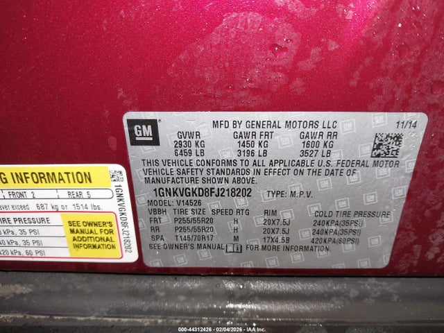 Chevrolet Traverse 1lt 2015 1GNKVGKD8FJ218202 Image 9