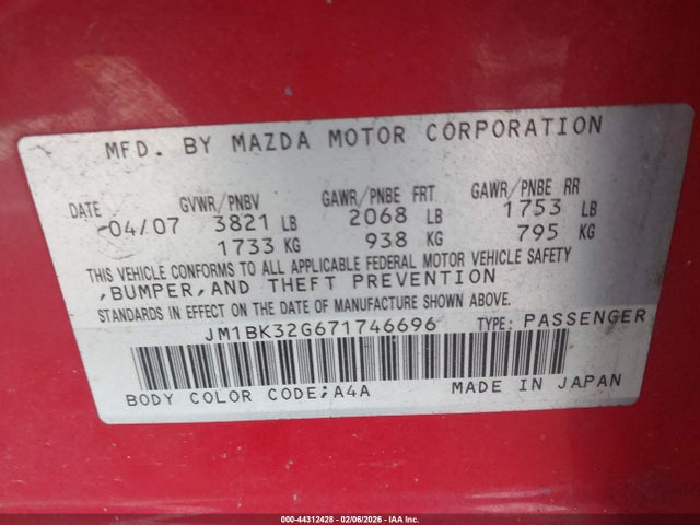 Продажа на аукционе авто 2007 Mazda Mazda3 I, vin: JM1BK32G671746696, номер лота: 44312428