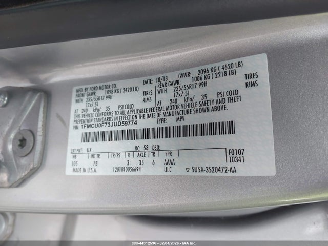 1FMCU0F73JUD59774 Ford ESCAPE S