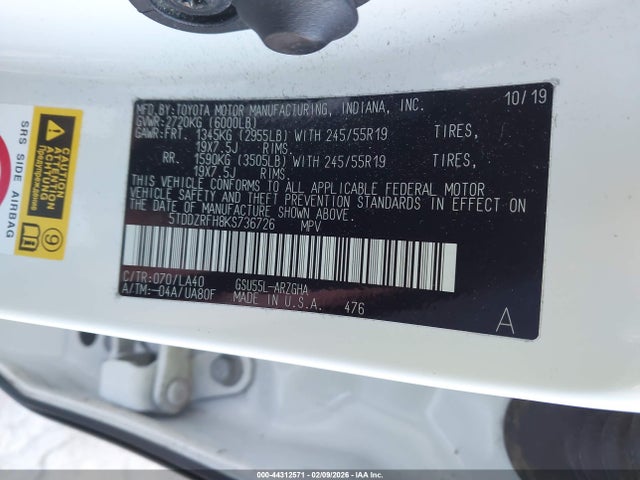 5TDDZRFH8KS736726 Toyota Highlander Limited Platinum