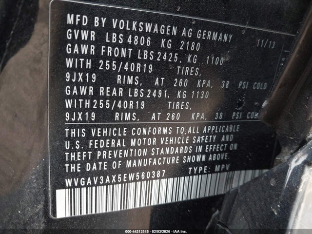 44312585 :رقم المزاد ، WVGAV3AX5EW560387 vin ، 2014 Volkswagen Tiguan R-line مزاد بيع