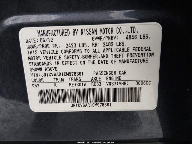 2012 Infiniti G37x მანქანა იყიდება აუქციონზე, vin: JN1CV6AR1CM978361, აუქციონის ნომერი: 44312601