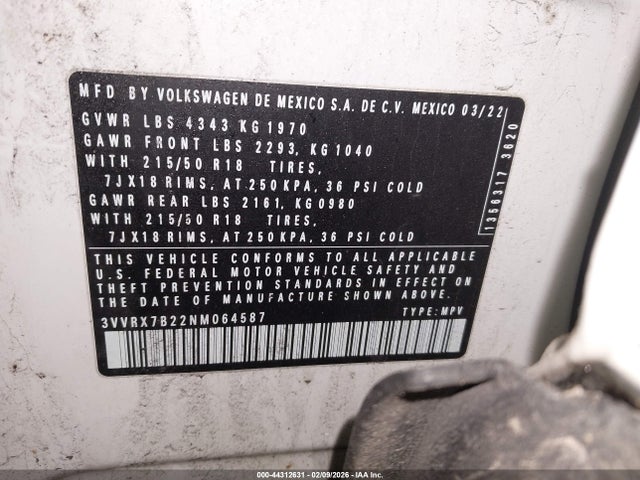 2022 Volkswagen Taos 1.5t Se მანქანა იყიდება აუქციონზე, vin: 3VVRX7B22NM064587, აუქციონის ნომერი: 44312631