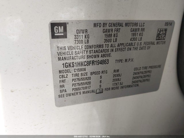 Продаж на аукціоні авто 2015 Gmc Yukon Xl 1500 Slt, vin: 1GKS1HKC8FR194863, номер лоту: 44312702