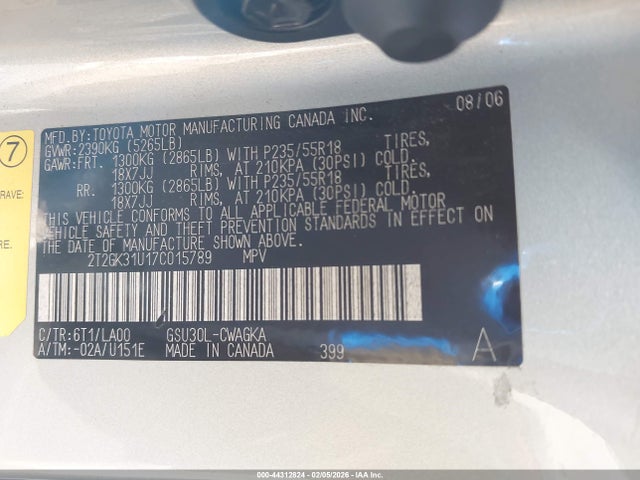 Aukcja sprzedaży 2007 Lexus Rx 350, vin: 2T2GK31U17C015789, numer aukcji: 44312824
