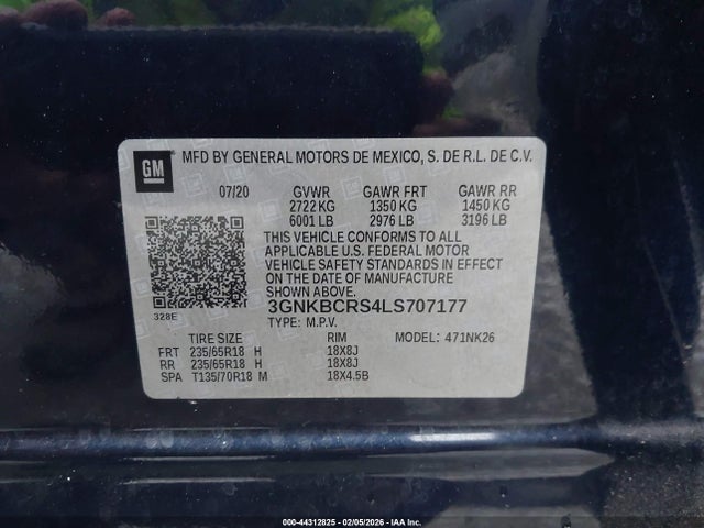 44312825 :رقم المزاد ، 3GNKBCRS4LS707177 vin ، 2020 Chevrolet Blazer Fwd 2lt مزاد بيع