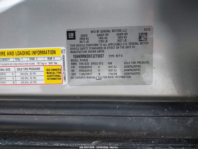 44312846 :رقم المزاد ، 1GKKRRKDXFJ279807 vin ، 2015 Gmc Acadia Slt-1 مزاد بيع