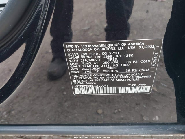 Продаж на аукціоні авто 2022 Volkswagen Atlas 3.6l V6 Sel, vin: 1V2BR2CA8NC520045, номер лоту: 44312861