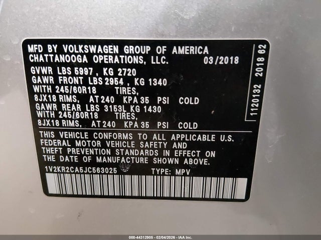 44312905 :رقم المزاد ، 1V2KR2CA5JC563025 vin ، 2018 Volkswagen Atlas 3.6l V6 Se مزاد بيع