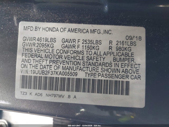 44312947 :رقم المزاد ، 19UUB2F37KA005509 vin ، 2019 Acura Tlx Standard مزاد بيع