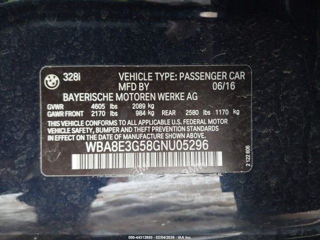 Продажа на аукционе авто 2016 Bmw 328i Xdrive, vin: WBA8E3G58GNU05296, номер лота: 44312950